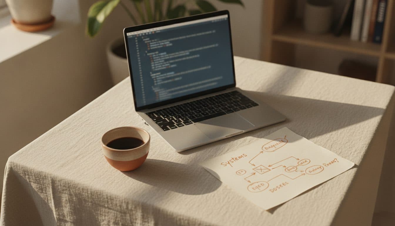 Espacio de trabajo de Soluciona Labs: laptop con código y diagrama de sistemas
